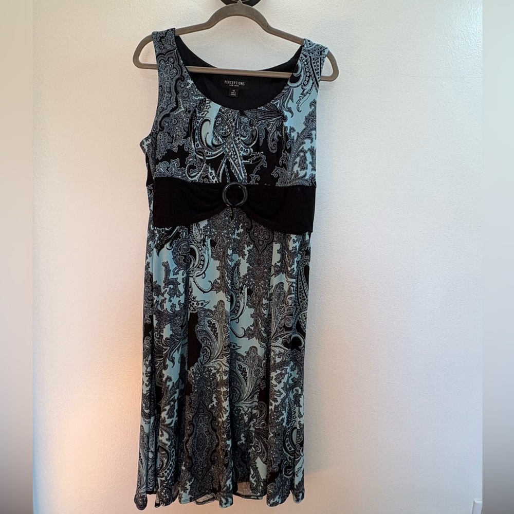NWOT Perceptions Blue And Black Paisley A-Line Stretch Dress 14